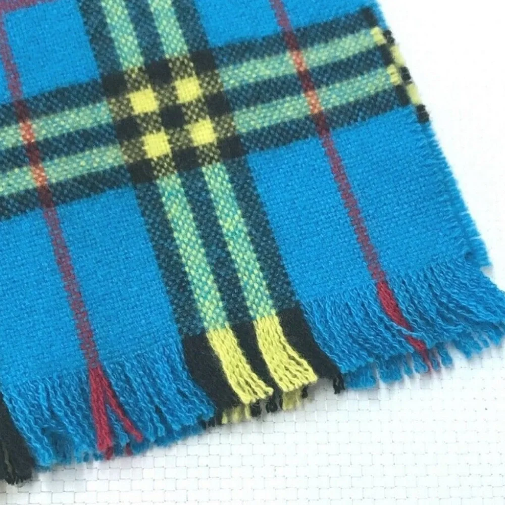 RARE LARGE BURBERRY cashmere blue turquoise yellow fringe check plaid scarf - Picture 2 of 6
